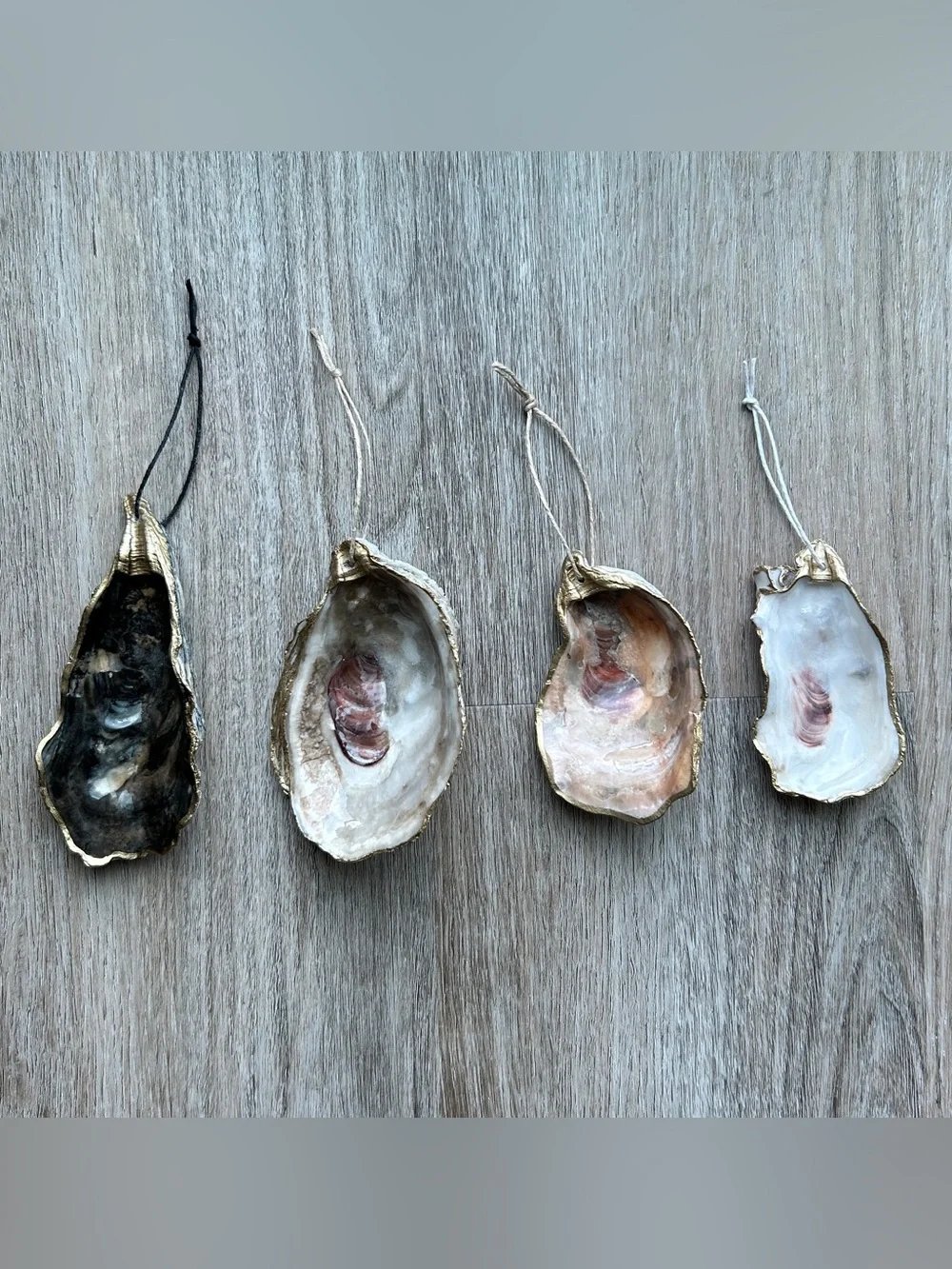 Boxed Set of 4 Handmade Gold Trimmed Oyster Shell Ornaments Coastal Gift